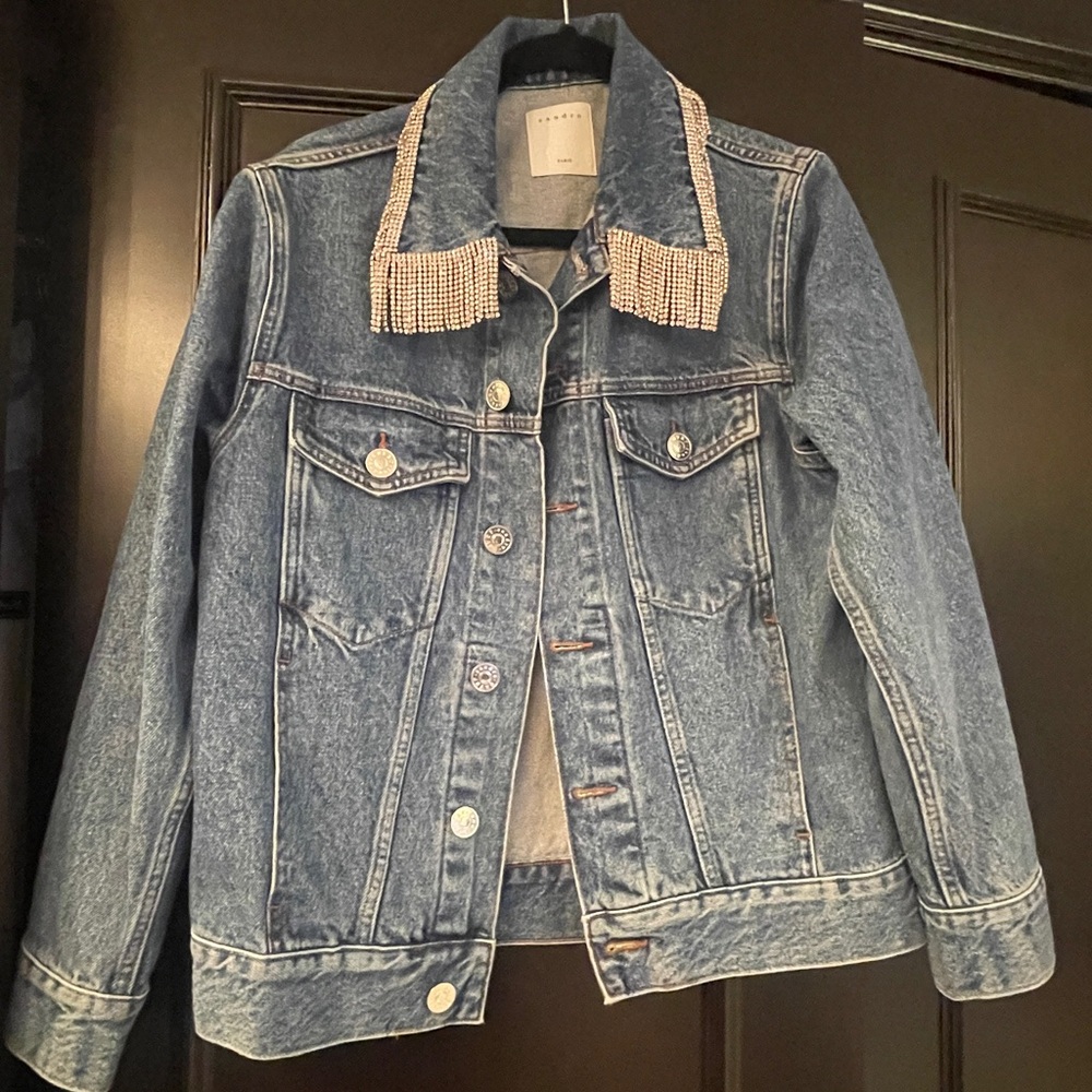 Sandro Jeans Jacket Washed Blue Jean Oversized Denim w/Rhinestone Fringe Size 36